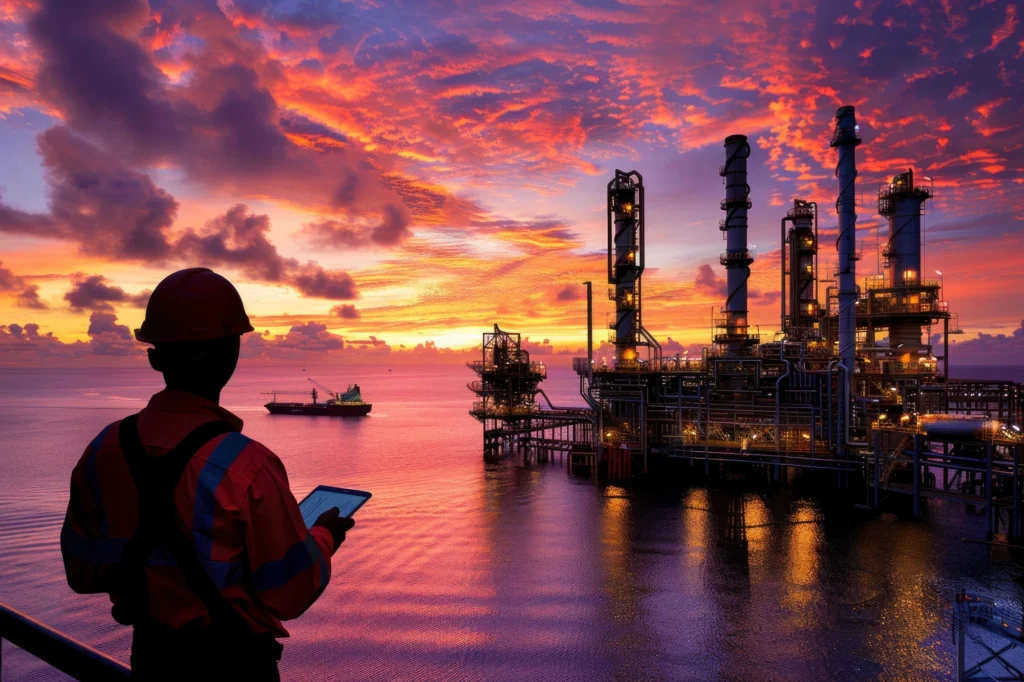A scenic view of an oil refinery | A man looking at the Semi-submersible oil platform