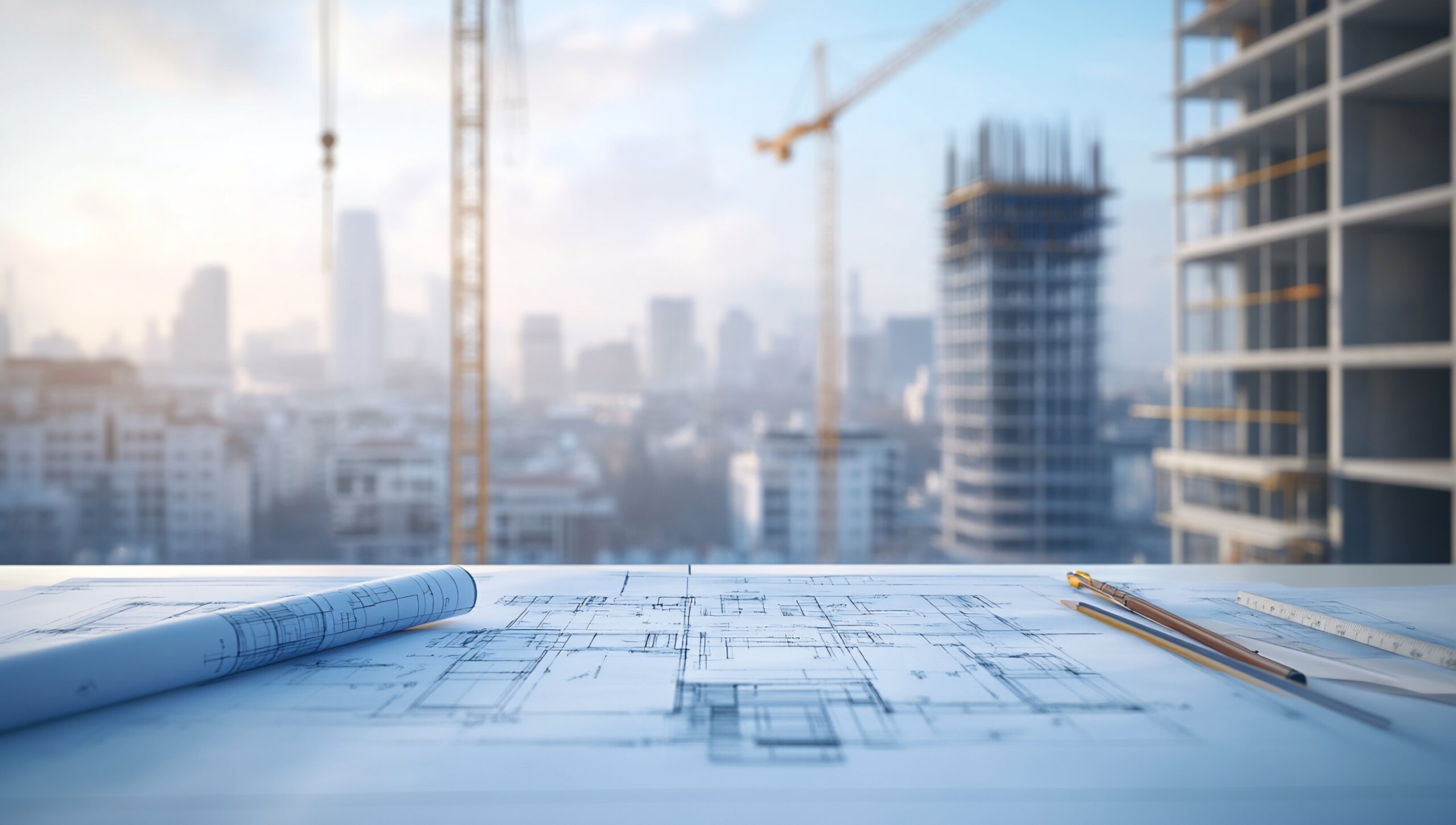 Blueprint on desk with city construction site background.