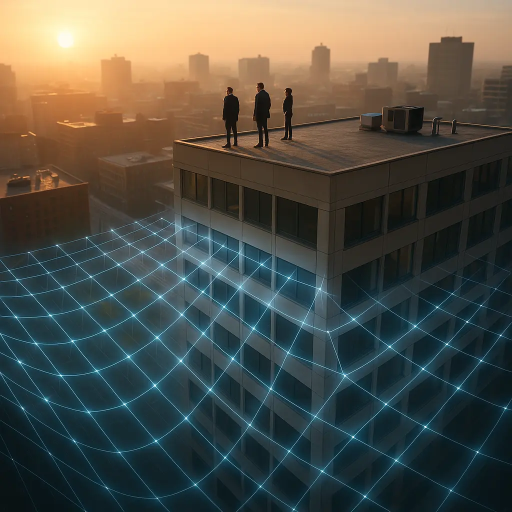 Employees follow marked rooftop paths during a coordinated fire drill