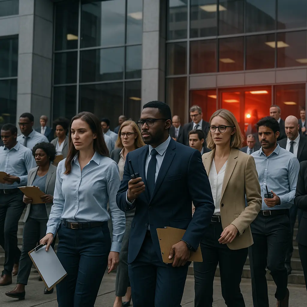 Staff calmly exiting the office tower during a workplace evacuation drill
