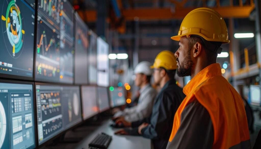 Engineers in safety gear monitoring multiple digital dashboards in a high-tech industrial control setup.