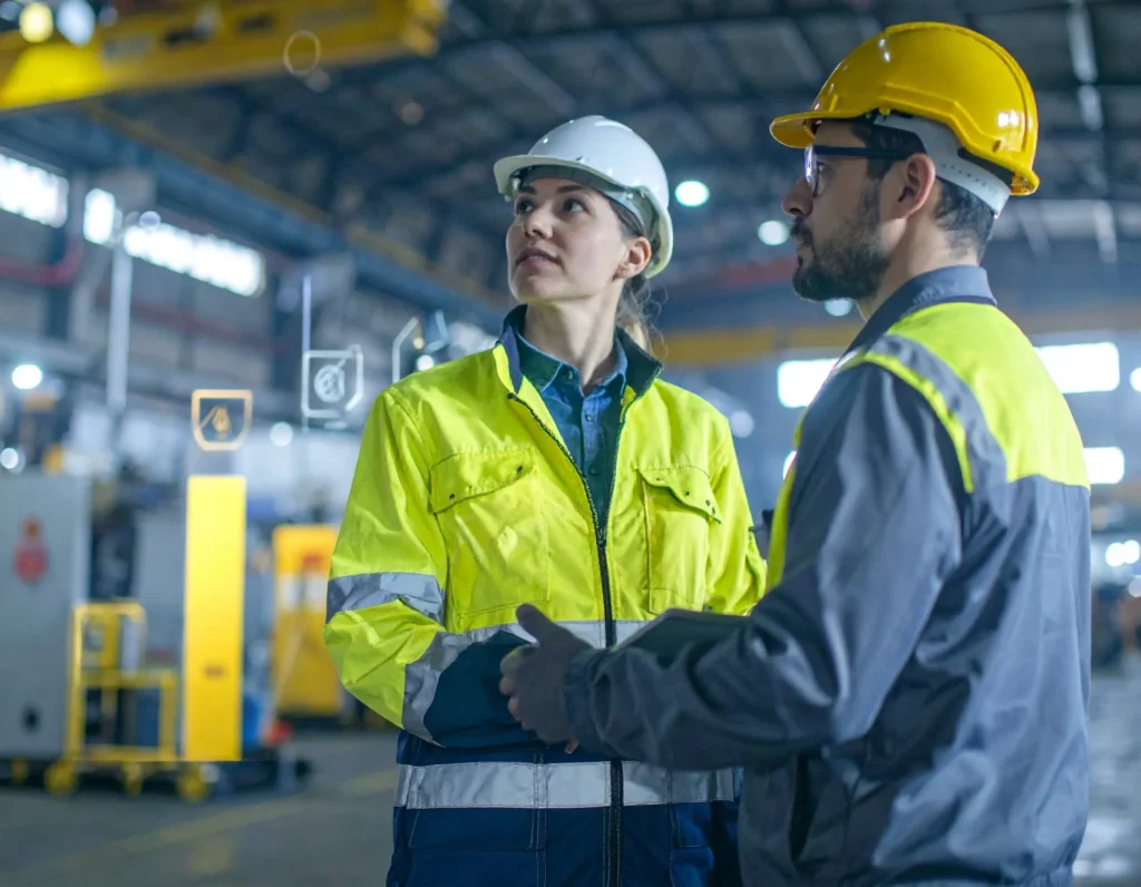 Two safety professionals discussing nonconformance issues during an equipment inspection in an industrial facility.