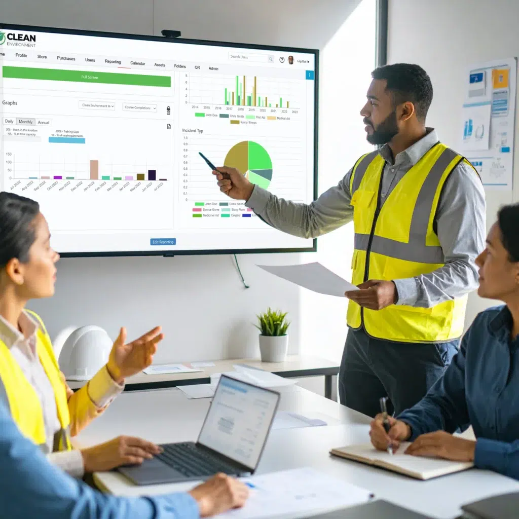 Safety manager presenting audit dashboards to team members during a safety meeting.