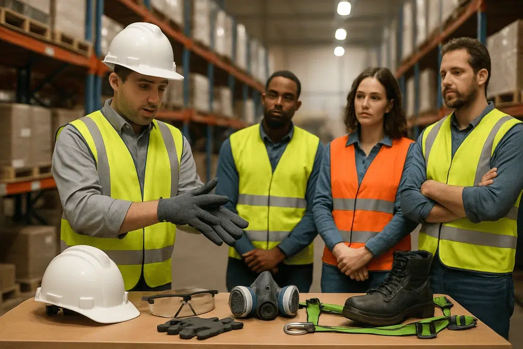 A safety trainer demonstrates proper use of personal protective equipment (PPE) to a group of warehouse workers.