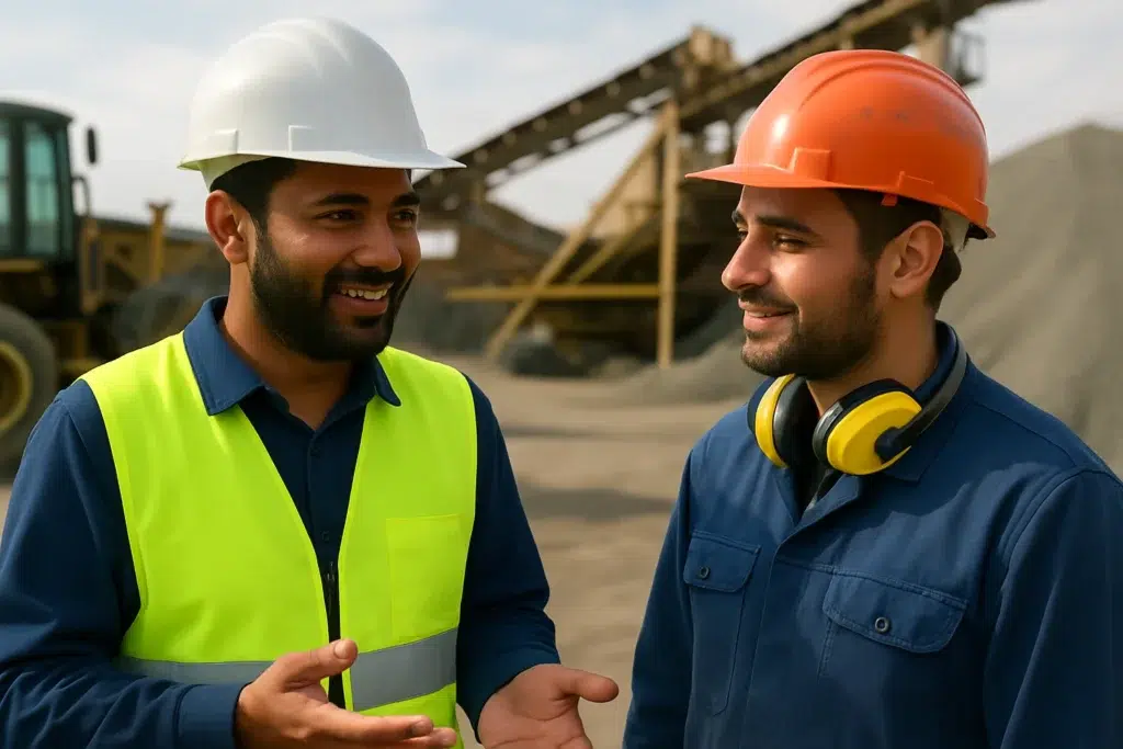 Construction workers discussing audit data on a tablet with safety visuals on a screen behind them.