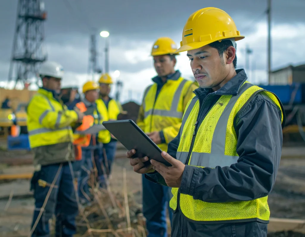 Safety performance reports open beside equipment audit in progress