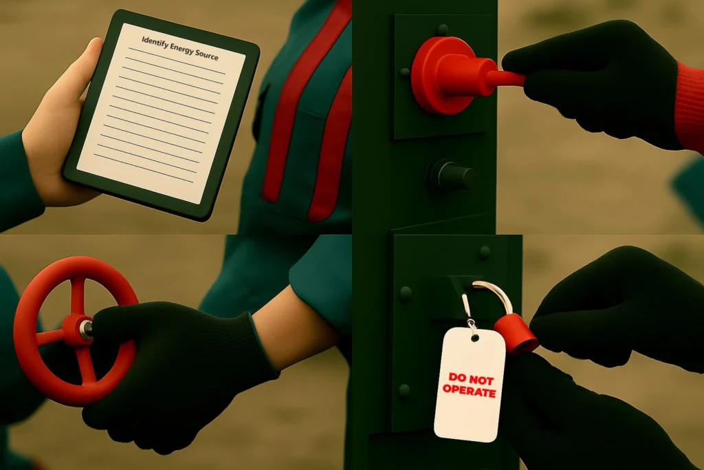Red tag and padlock placed on machinery during maintenance shutdown in Canadian facility