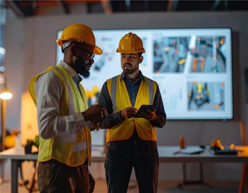 Construction worker holding tablet using devices in background, showing challenges in tech adoption.