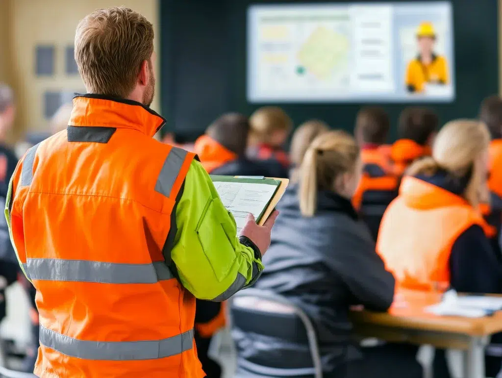 Supervisor with tablet leads safety onboarding session for new workers in high-visibility gear.