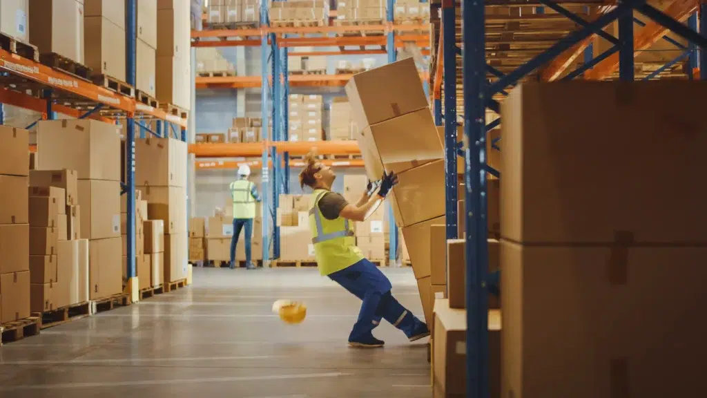 Worker attempting to catch falling boxes, highlighting a near-miss incident caused by lack of hazard awareness.