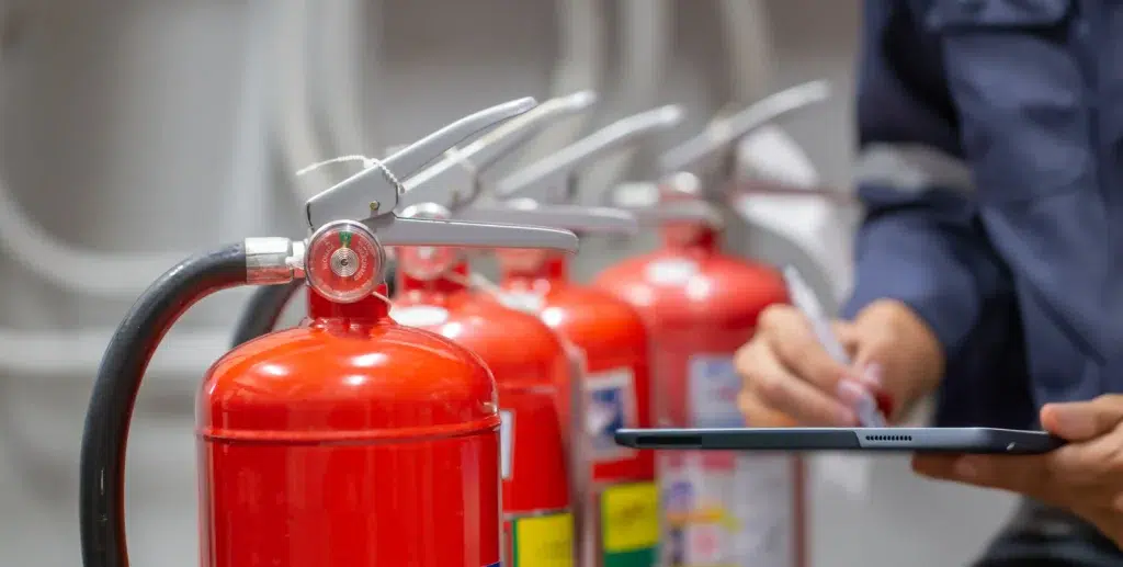 Fire extinguishers being inspected, illustrating safety checks and hazard preparedness in the workplace.