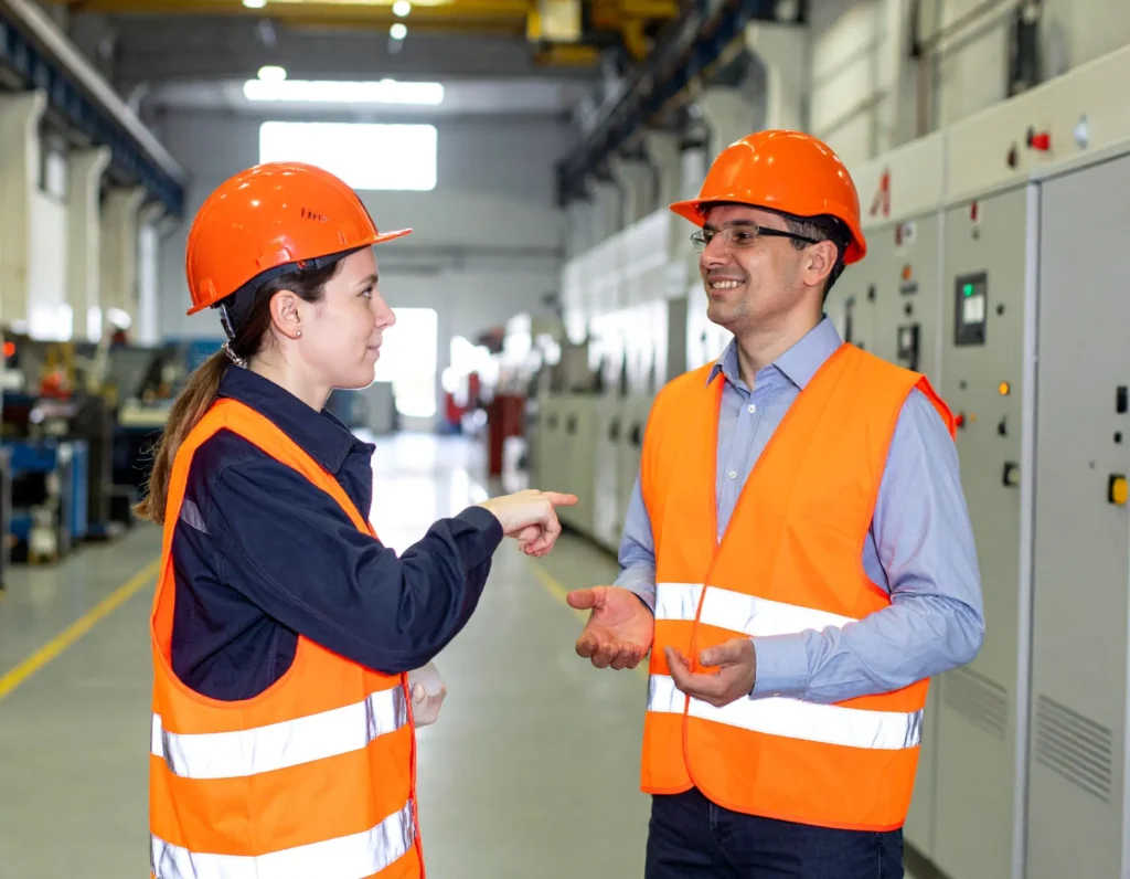 Two team members engaging in a candid conversation at a facility, reflecting a culture of trust and psychological safety.