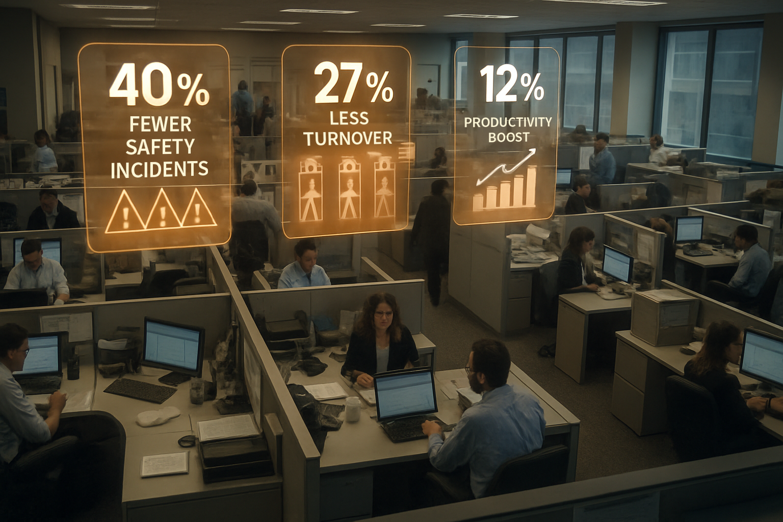Employees working in an office environment, reflecting how psychological safety leads to higher productivity and reduced safety risks.