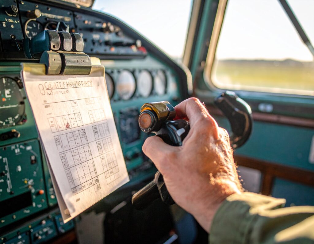 A pilot’s hand on the aircraft controls, highlighting the need to follow procedures and avoid shortcuts to ensure safety.