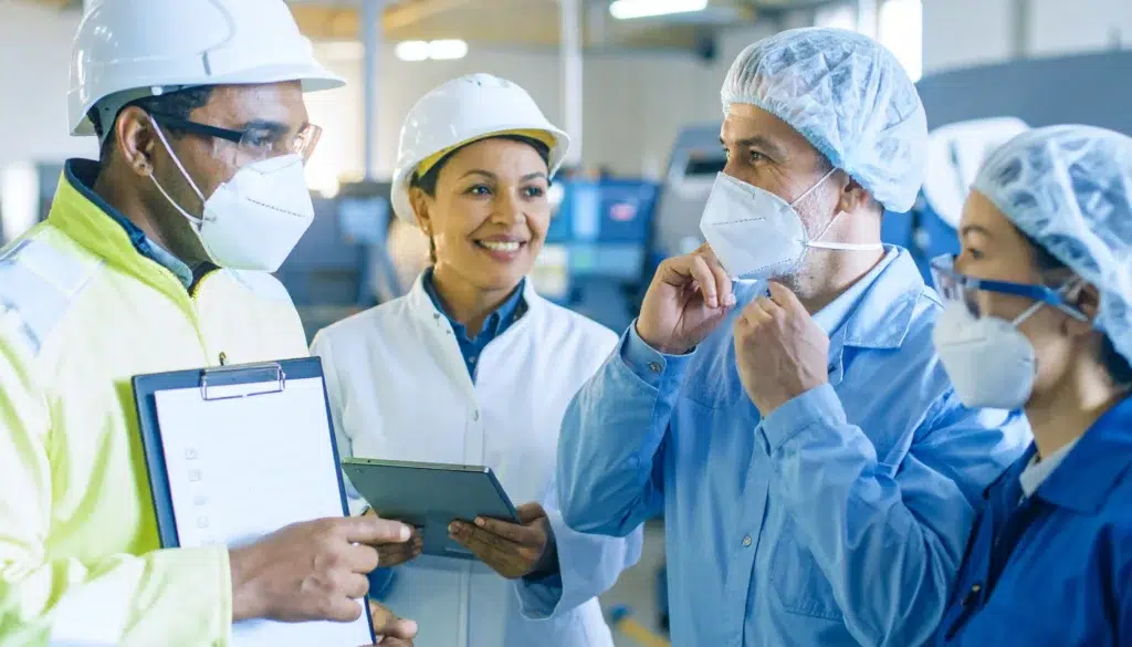 Protective glove pointing to chemical hazard signs, symbolizing the need for aviation-style safety in biology labs.
