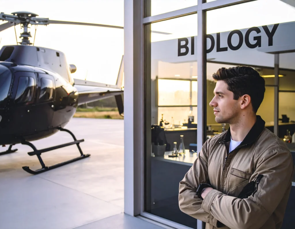 A pilot standing between a helicopter and biology lab, symbolizing aviation safety in bioscience.