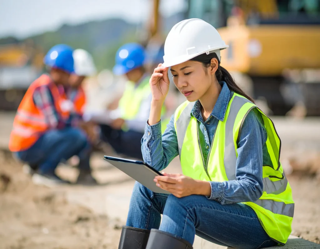 Worker inspecting safety hazards using a digital checklist at an industrial facility.