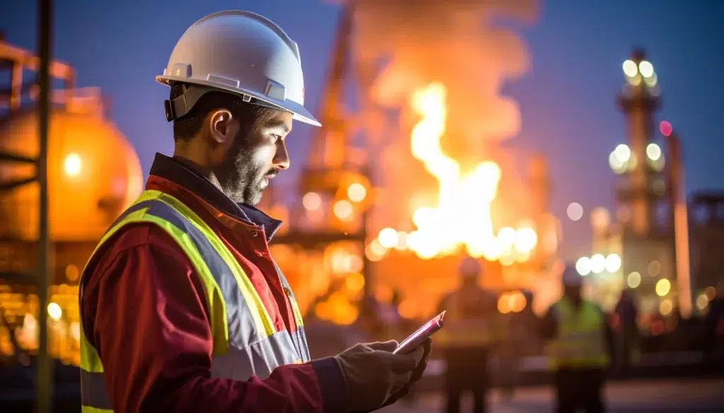 Industrial safety inspector using a mobile device during emergency response at night.