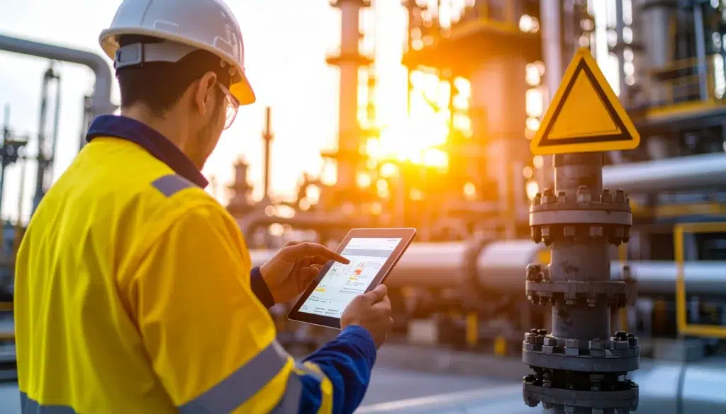 Field worker reviewing FLHA checklist on a tablet at a construction site.