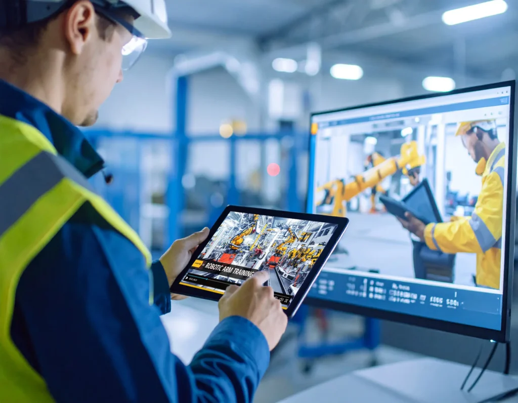 New hire reviewing safety training content on a tablet during digital onboarding in a manufacturing environment.