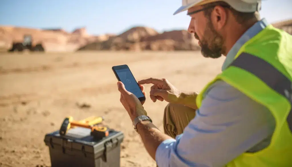 Worker using mobile onboarding software in a remote worksite, highlighting the need for field-ready digital tools.