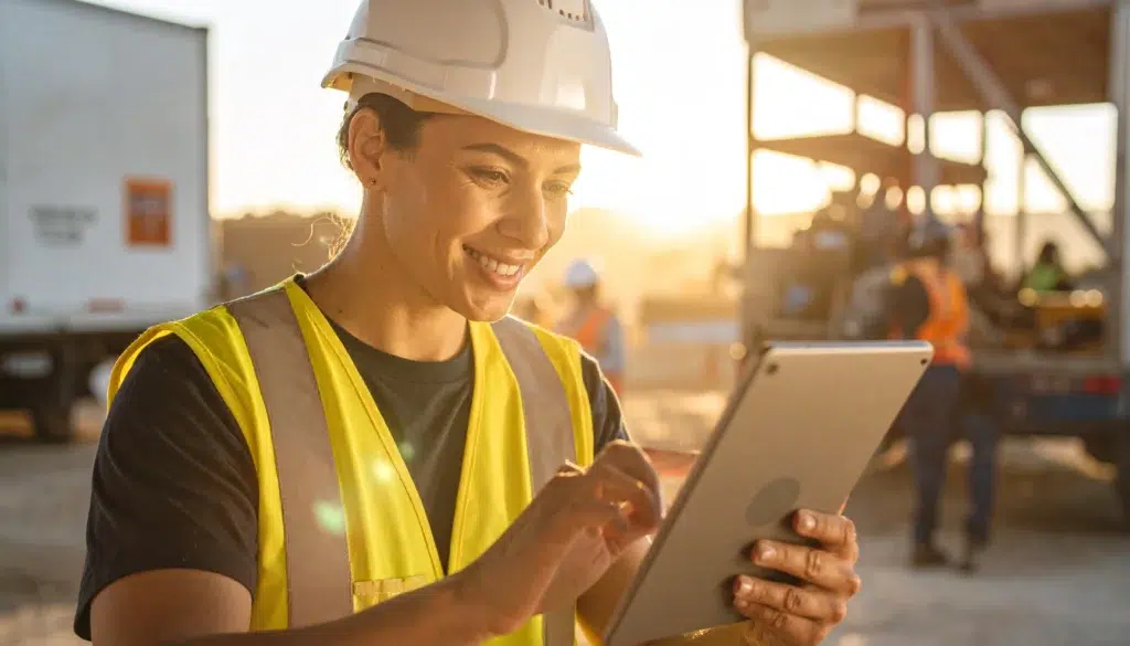 Worker using a tablet during onboarding at a jobsite, reflecting the importance of digital safety tools.
