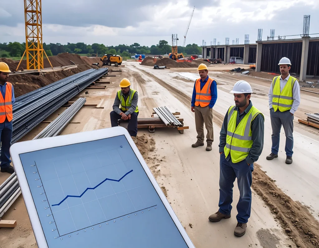 Construction crew on-site reviewing performance data with safety instincts on a digital tablet.