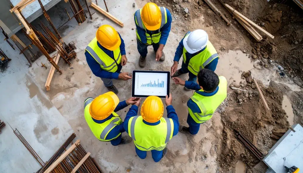 Construction team gathered around a tablet reviewing safety performance charts blended with field instincts.