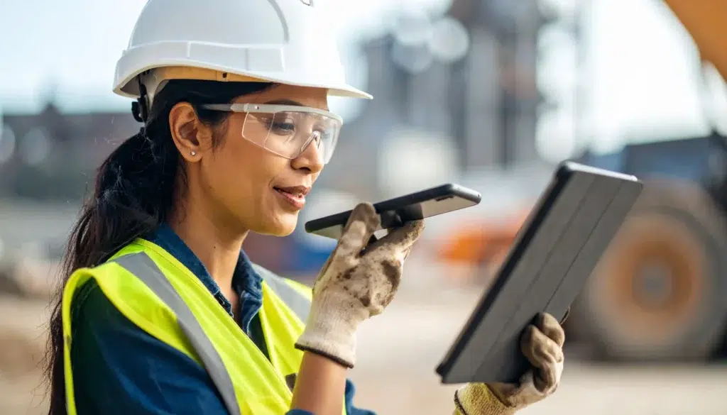 Female construction worker using digital FLHA tools on a tablet at a jobsite.