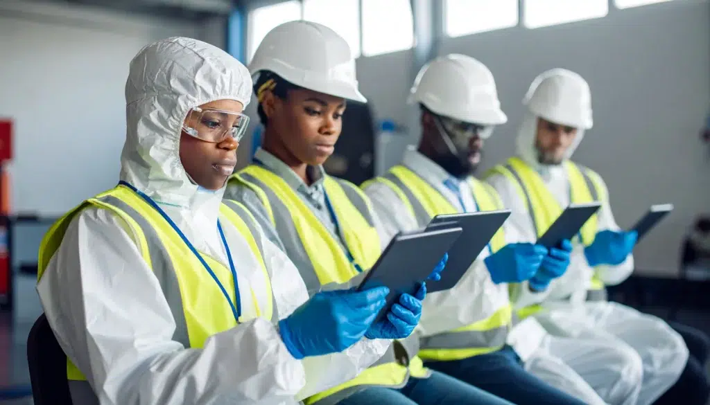 Safety professionals in PPE complete digital training on tablets in a well-lit facility.