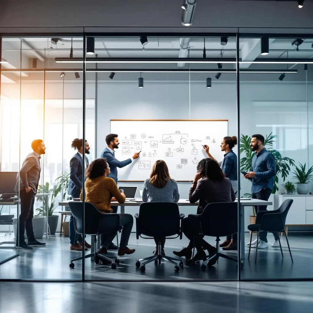 A team in a modern office engaged in a collaborative debrief session, emphasizing accountability and trust in leadership.