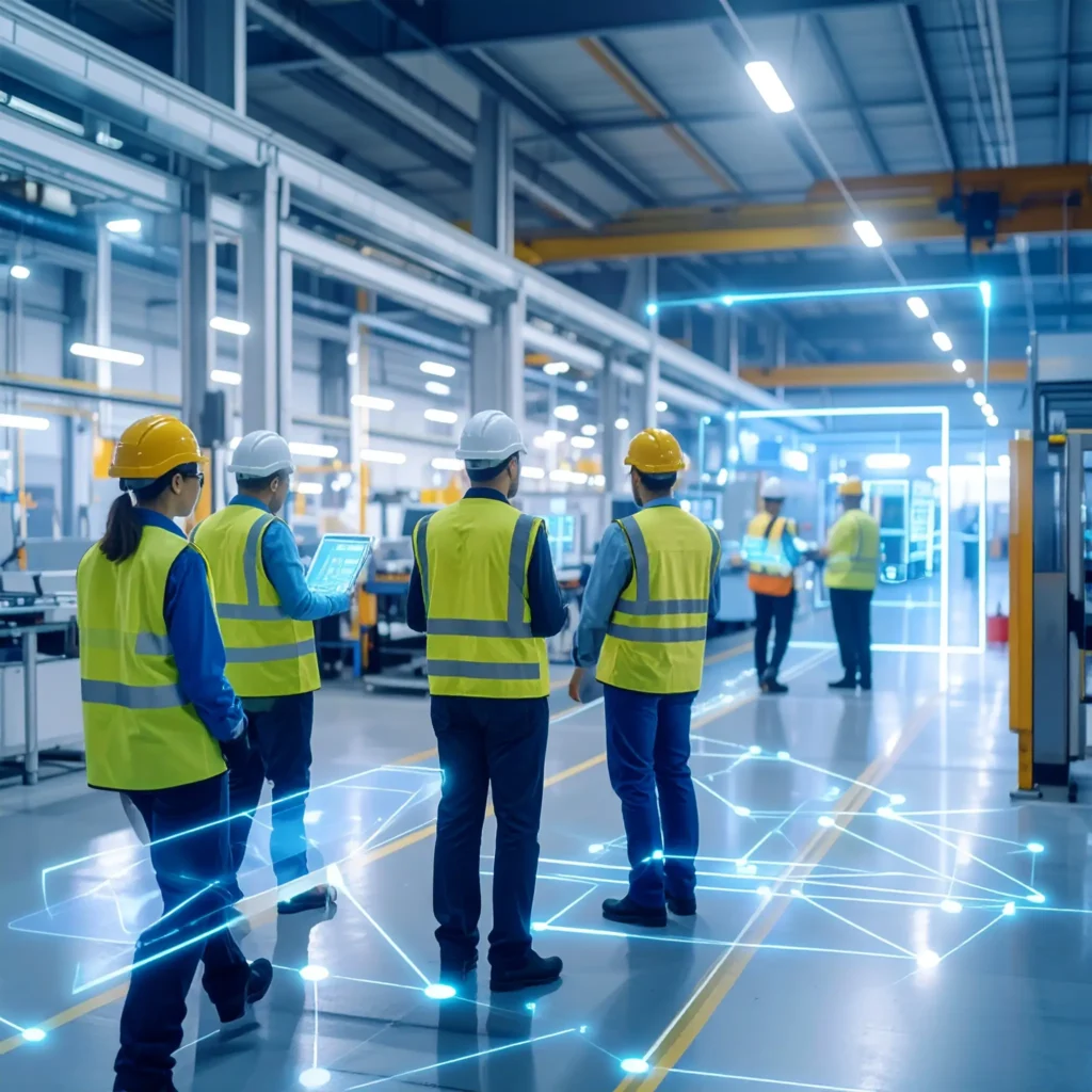 Industrial workers using digital tablets for streamlined onboarding and safety compliance.