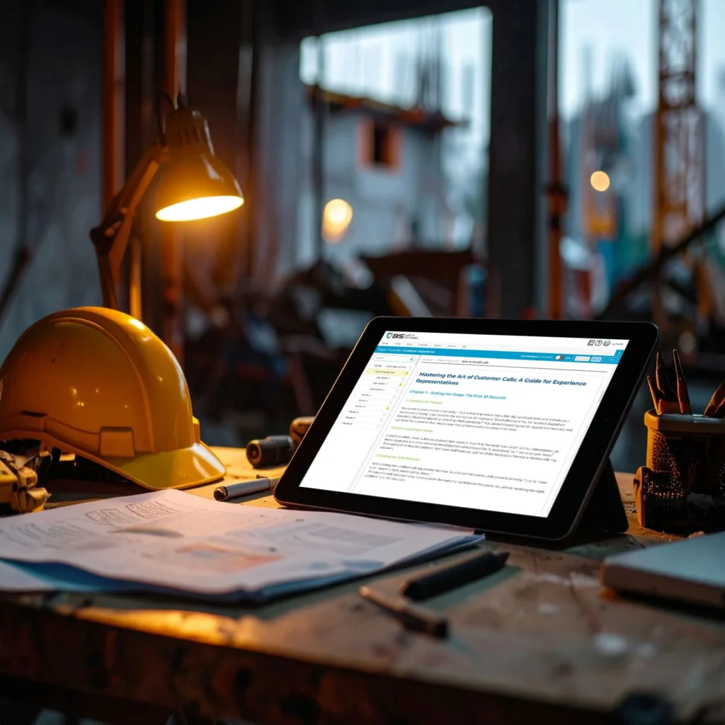 Construction site desk with a tablet displaying BIS Safety Software Digital Playbooks, alongside a hard hat and blueprints under a work lamp.
