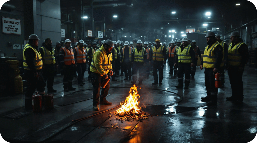 Group of workers near a flame, showing hazards of propane misuse on the