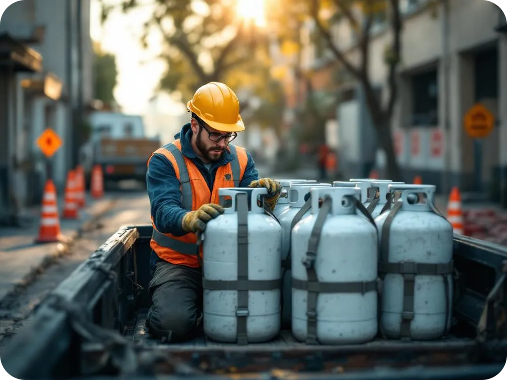 Worker inspecting frozen propane valve, demonstrating leak and frostbite risks.