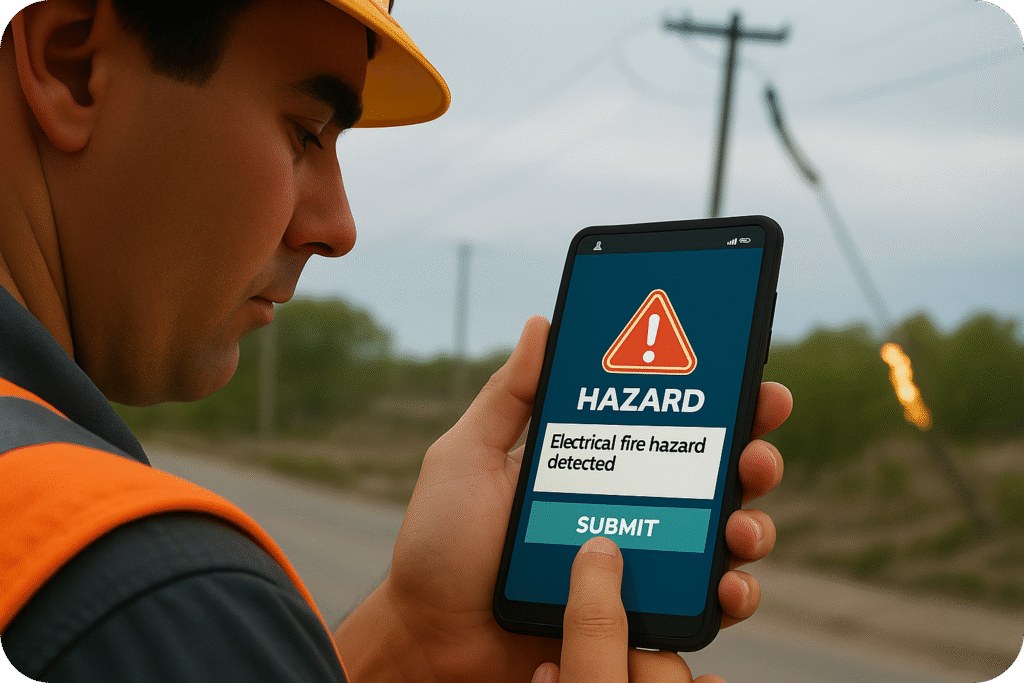Construction worker reporting electrical line hazard via mobile safety app on-site.