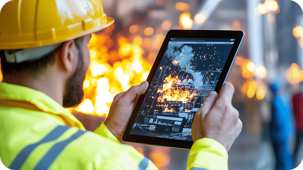 Construction worker using a tablet to complete a digital field hazard assessment at a worksite.