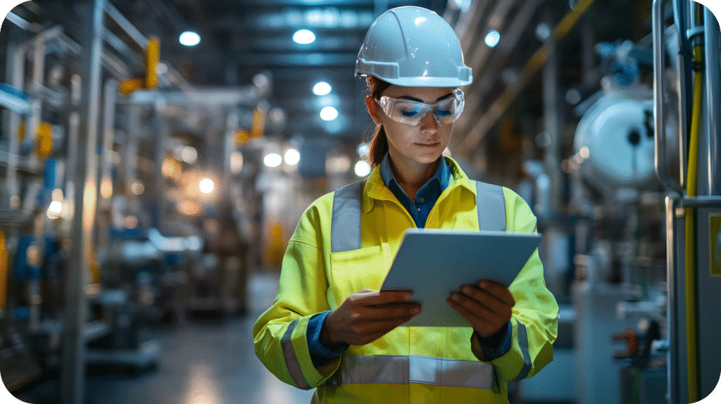 Safety worker using a tablet for hazard identification in an industrial facility.