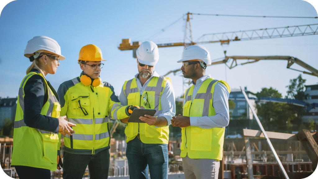 Construction team reviewing safety plans on-site during toolbox talks with team.