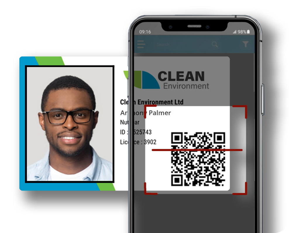 A digital worker ID badge displayed on a smartphone, with a QR code being scanned.