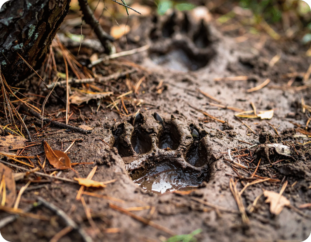 Fresh bear tracks in muddy forest ground, showing signs of bear activity for wildlife hazard awareness.