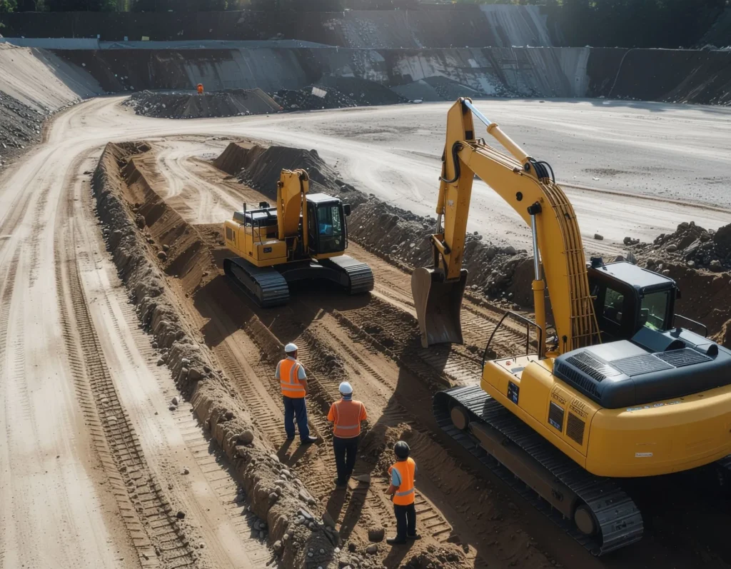 Workers guiding an excavator on a busy construction site with safety protocols in place.