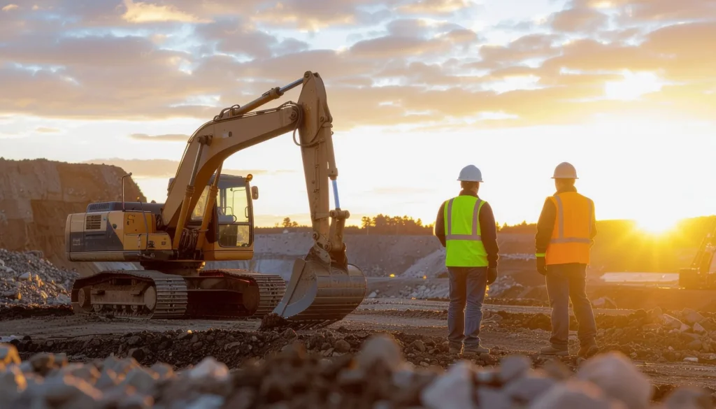 Excavator operating at sunset as workers oversee site safety and progress.