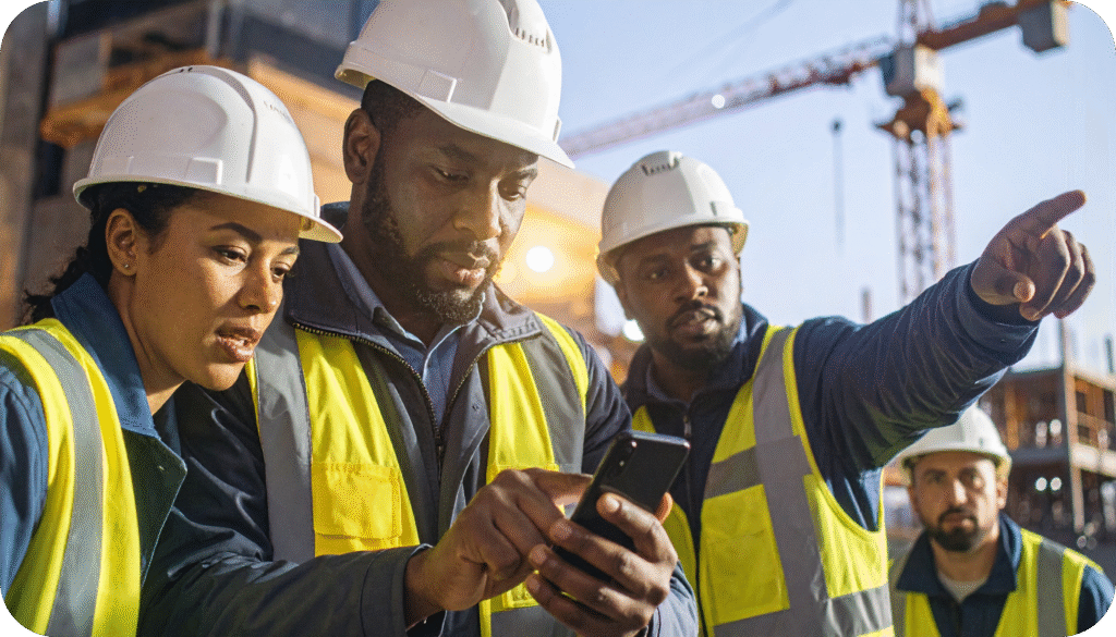 Construction safety team reviewing hazard reports on a mobile device.