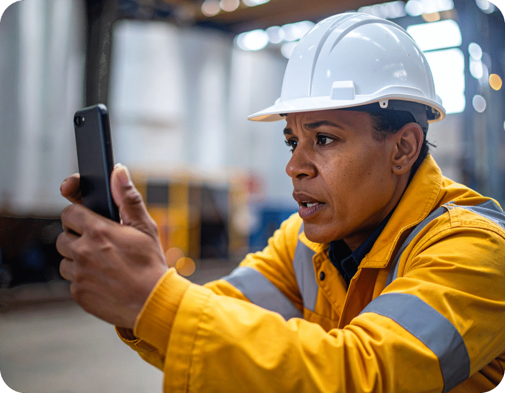 Safety inspector documenting workplace hazards using a mobile device.