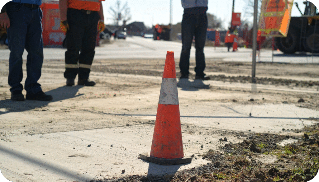 Safety cone signaling a work stop area to prevent accidents on a busy construction site.
