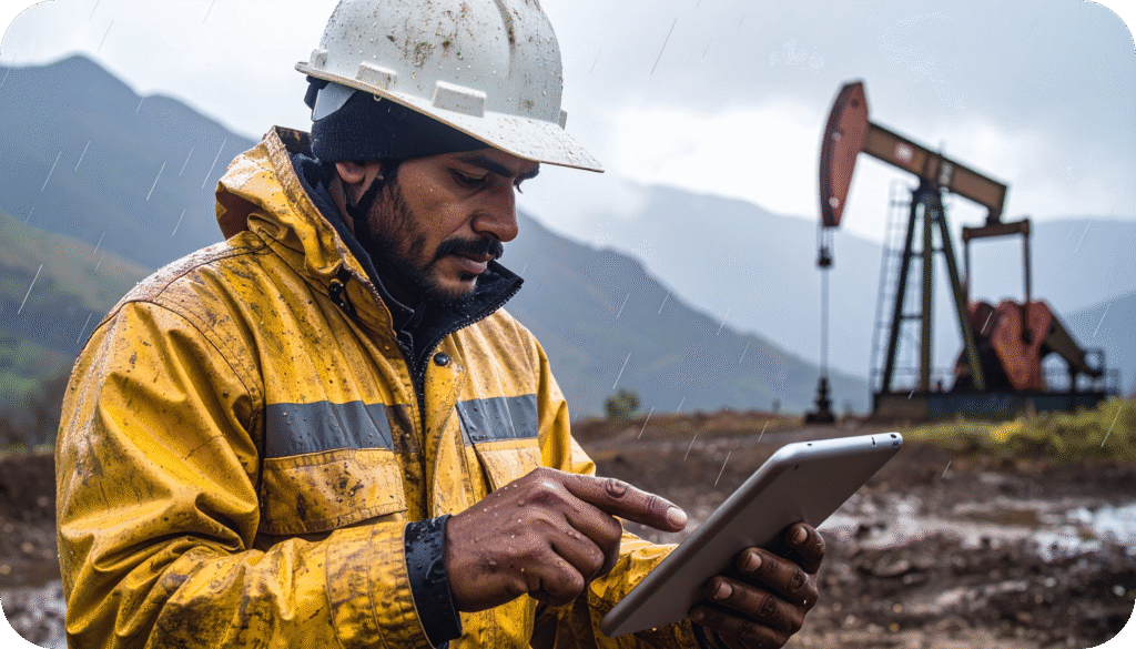 Engineer in rain gear checking data on a tablet near a drilling rig.
