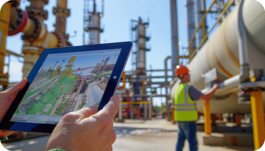 Safety inspector reviewing a digital site map while a teammate examines industrial equipment at a job site.