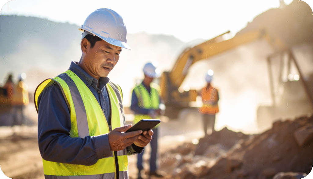 Worker reporting a jobsite hazard using a mobile device in real time working in a high-risk environment.
