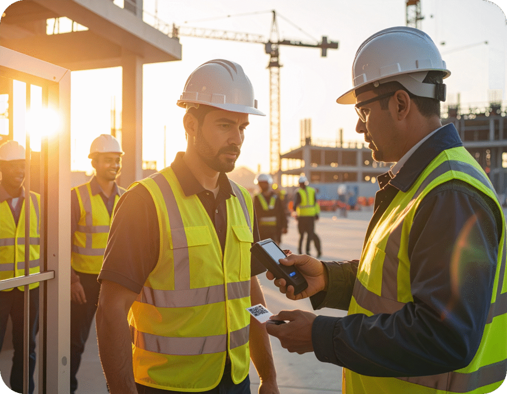 Worker scans digital badge for site entry at construction gate.